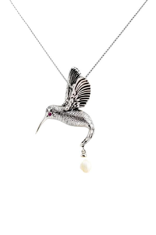 Hummingbird Carved Pearl Pendant with Ruby